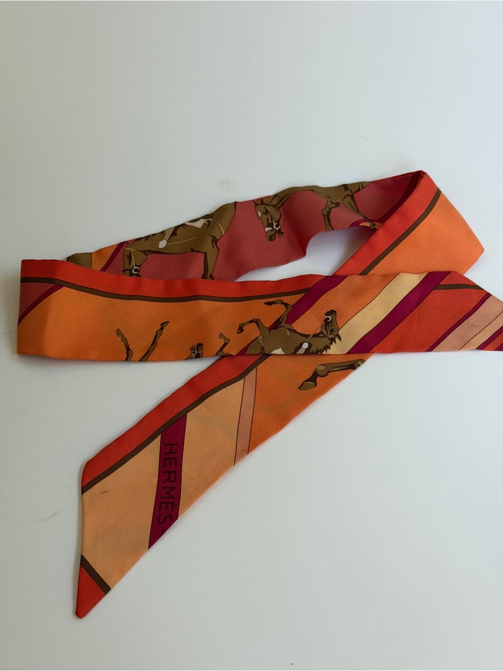 Hermes Orange & Pink Equestrian Twilly Scarf